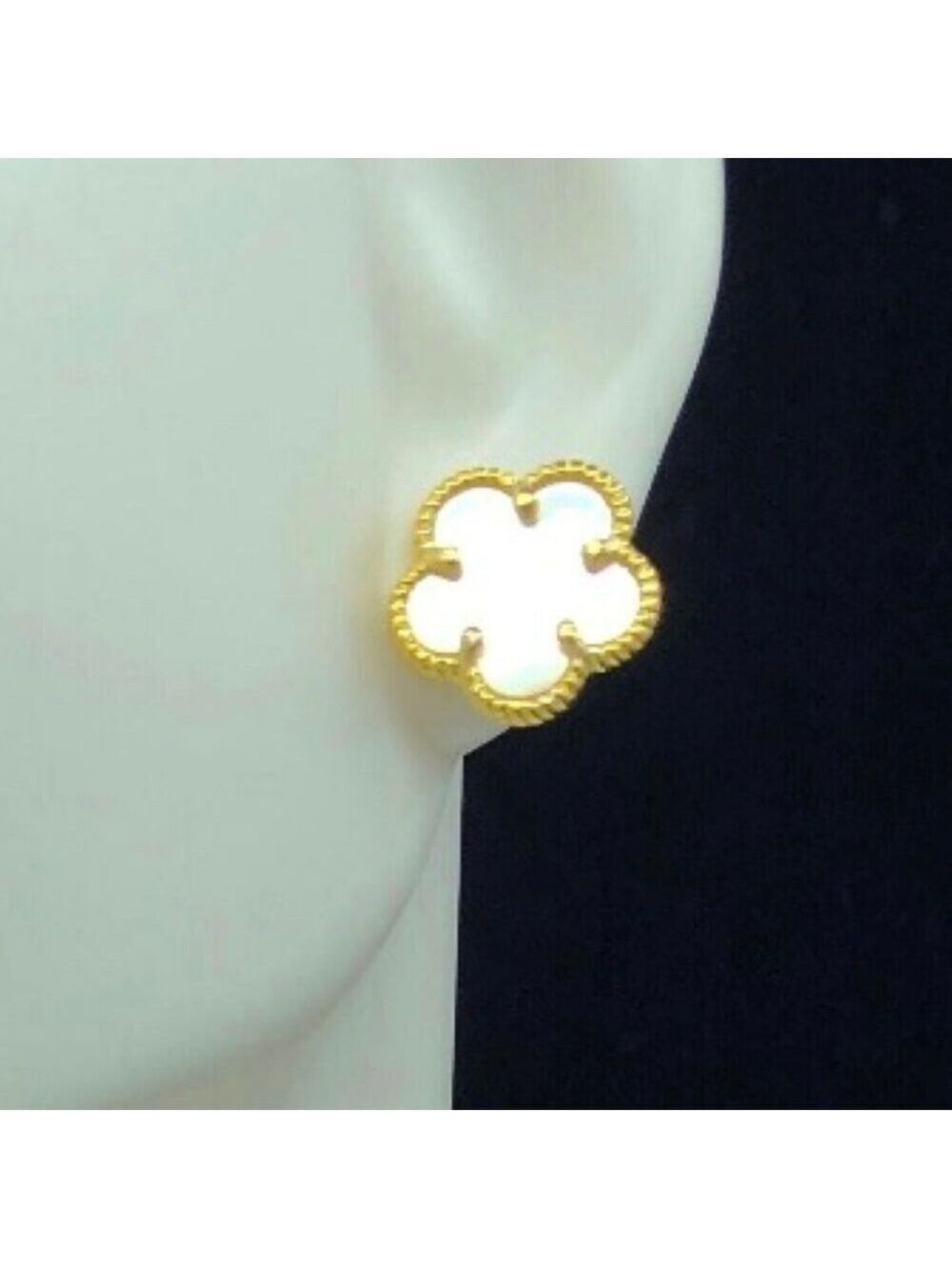 Clover 5 Leave Stud Earrings 18k GP 925 Sterling Silver / Mother of Pearl - Picture 6 of 6
